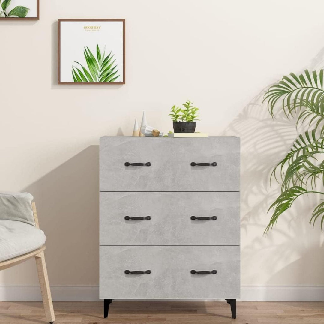 Pour un interieur harmonieux, buffet avec tiroirs, aux accents metalliques en finition gris et naturel