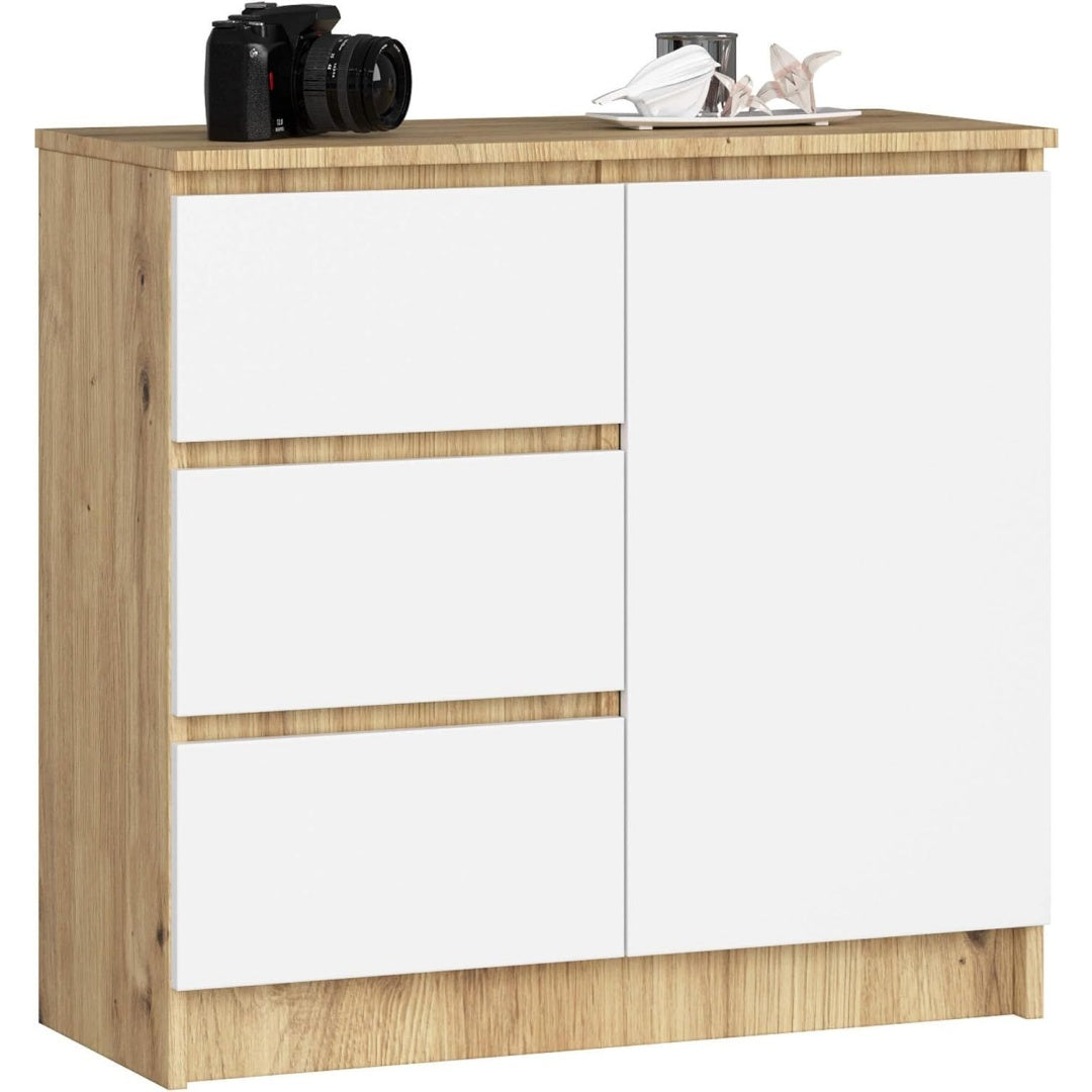 Une touche de caractere, buffet avec portes, a l'aspect bois dans un ton blanc et bois naturel