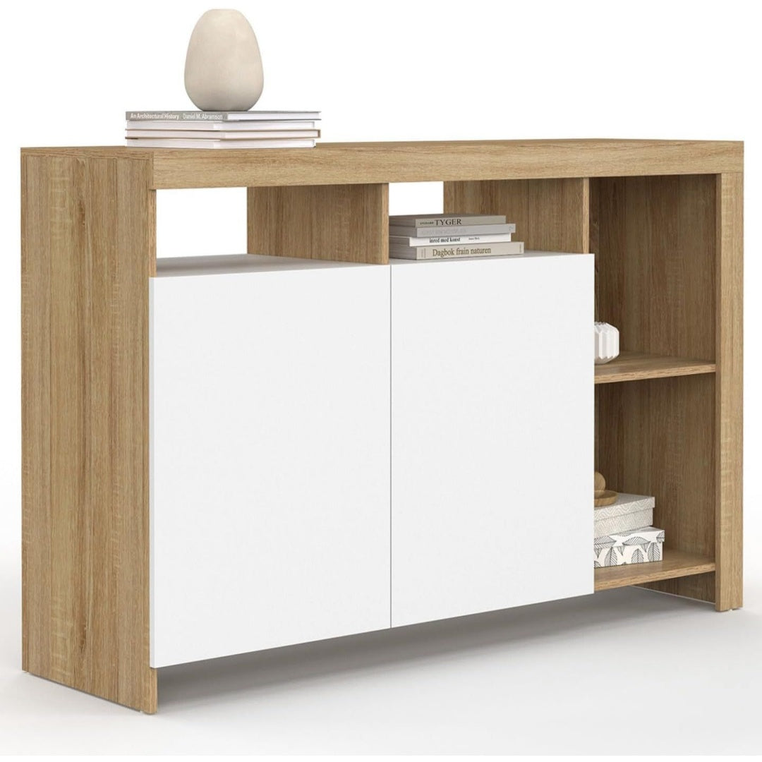 Une touche de caractere, buffet avec etageres, avec elements vitres dans un ton noir et vert