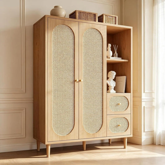 Une touche de caractere, armoire a l'aspect bois dans un ton blanc et bois naturel
