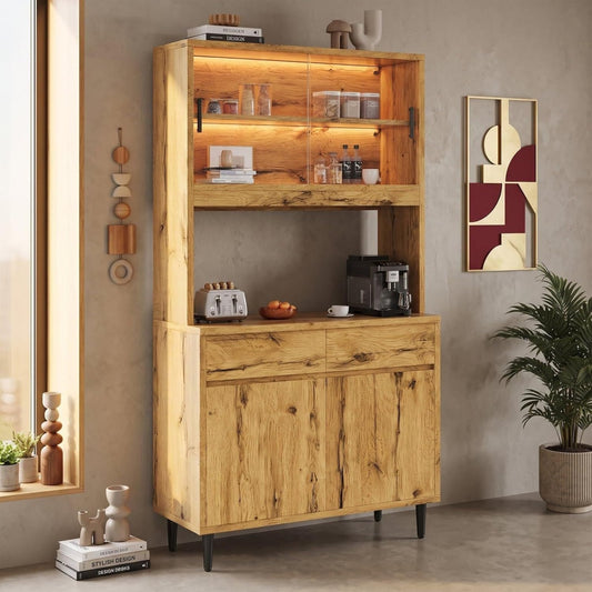 Un espace mieux organise grace a ce buffet avec etageres, a l'aspect bois, finition blanc et naturel