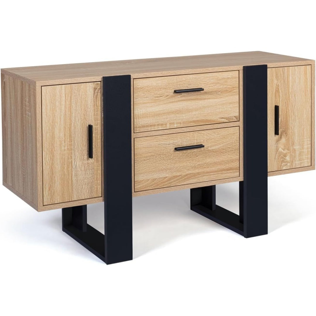 Une silhouette equilibree pour ce commode avec tiroirs, avec etageres, teinte bois naturel et vert