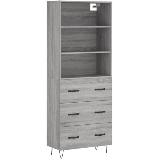 Une silhouette equilibree pour ce commode avec tiroirs, a l'aspect bois, teinte blanc et noir