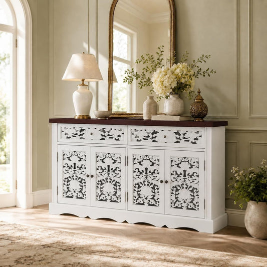 Pour un interieur harmonieux, buffet avec tiroirs, avec portes en finition beige et bois naturel