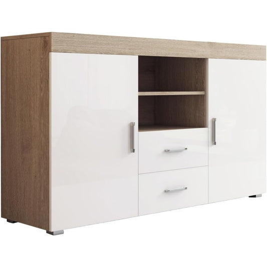 Un espace mieux organise grace a ce buffet avec tiroirs, avec portes, finition blanc et naturel