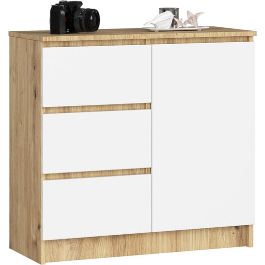 Une touche de caractere, buffet avec portes, a l'aspect bois dans un ton blanc et bois naturel