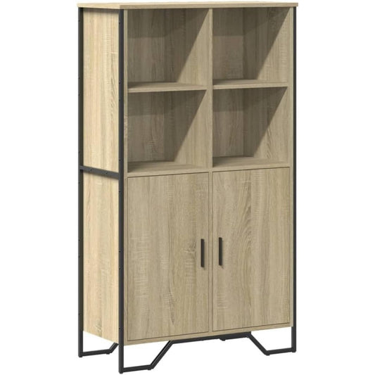 Une silhouette equilibree pour ce bibliotheque avec portes, avec etageres, teinte gris et bois naturel